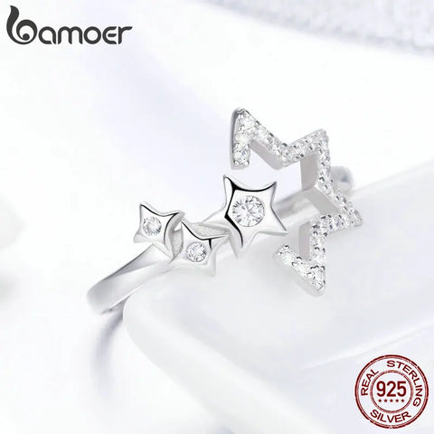BAMOER Authentic 925 Sterling Silver Luminous Star Waitting Adjustable Finger Rings for Women Wedding Engagement Jewelry SCR452
