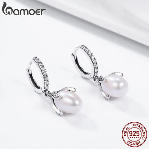 BAMOER Authentic 925 Sterling Silver Blooming Flower Petal Freshwater Pearl Drop Earrings for Women Luxury Silver Jewelry SCE259