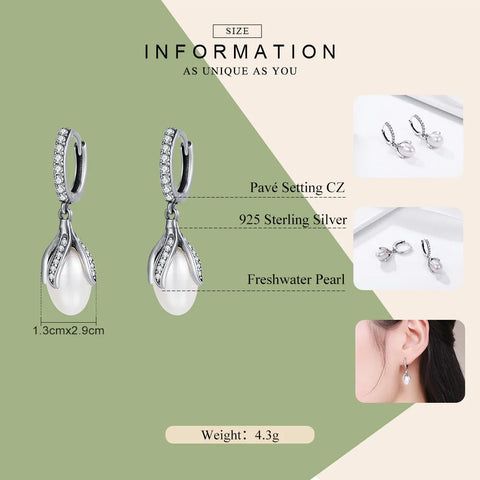 BAMOER Authentic 925 Sterling Silver Blooming Flower Petal Freshwater Pearl Drop Earrings for Women Luxury Silver Jewelry SCE259