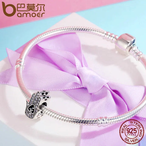 BAMOER Authentic 925 Sterling Silver Good Luck Hand Of Fatima Charms fit Women Bracelets & Necklaces DIY Silver jewelry SCC225