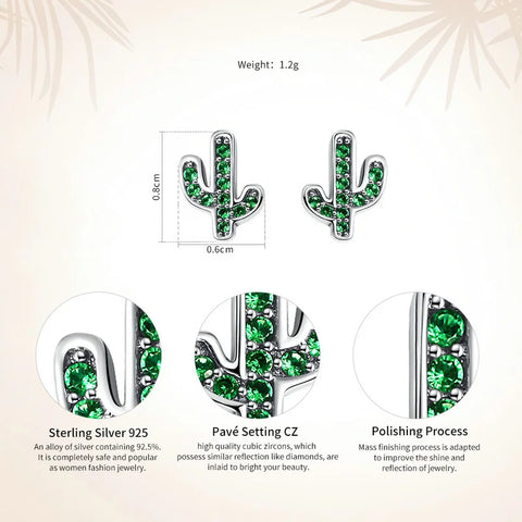 BAMOER Hot Sale 925 Sterling Silver Dazzling Green Cactus Crystal Stud Earrings for Women Authentic Silver Jewelry Bijoux SCE097