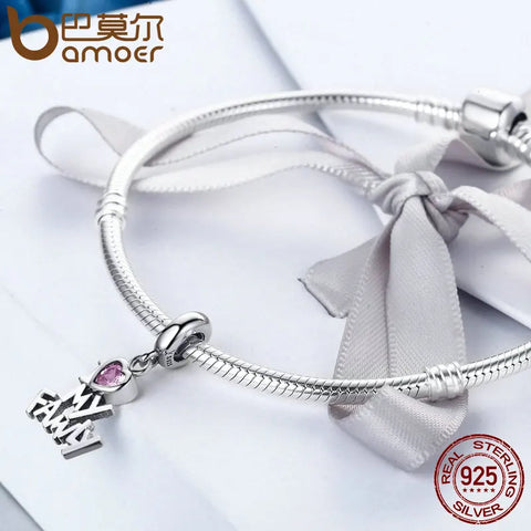 BAMOER Genuine 925 Sterling Silver I Love My Family Heart Dangle Charms fit Women Charm Bracelets Jewelry Family Gift SCC251
