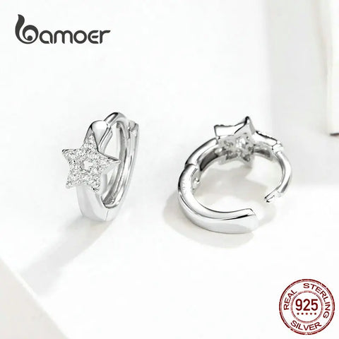 bamoer 3 Styles Hoop Earrings Sterling Silver 925 Cute Cat Star Round Small Ear Hoops for Women Jewelry Gifts for Girl BSE172