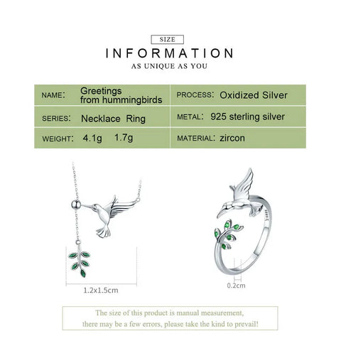 BISAER Jewelry Set 925 Sterling Silver Bird Hummingbirds Greeting Collar Anel Jewelry Sets For Women Fashion Earrings Jewelry