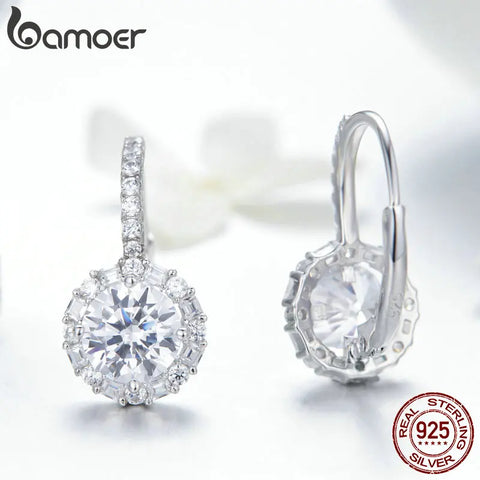 Bamoer Authentic 925 Sterling Silver Dazzling Cubic Zircon Round Zircon Drop Earrings for Women Wedding Silver Jewelry SCE508