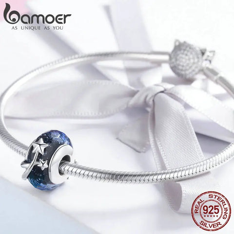 BAMOER 4 Styles Genuine 925 Sterling Silver Star Flower European Murano Glass Beads Fit Bracelets Bangles DIY Jewelry SCC861