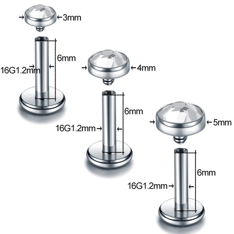 1Piece G23 Titanium Crystal Labret Rings Lip Piercings Ear Helix Stud Tragus Barbell Ear Cartilage Piercings Jewelry TOP 3-5MM