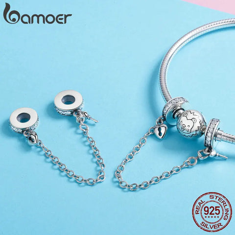 Bamoer Authentic 925 Sterling Silver Heart Lock and Key Dangle Safety Chain fit Charm Bracelet Bangle DIY Jewelry SCC606