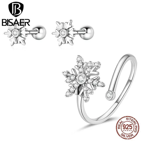 BISAER Authentic 925 Sterling Silver Snowflake Jewelry Set Sparkling Zircon Earrings Open Ring For Women Wedding Party Gift