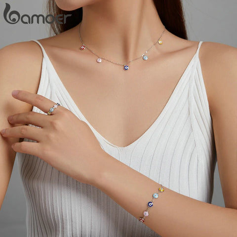 bamoer Authentic 925 Sterling Silver Guardian Eye Bracelet Multiple Devil Eyes Bead Necklace Chain for Women Fine Jewelry SCB218