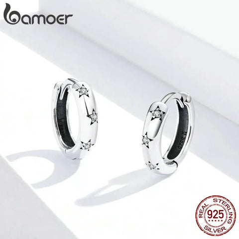 bamoer Silver 925 Jewelry Spraking Star Minimalist Ear Hoops Earrings for Women Sterling Silver Fine Jewelry Pendientes SCE873