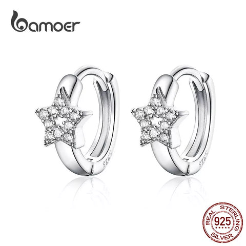 bamoer 3 Styles Hoop Earrings Sterling Silver 925 Cute Cat Star Round Small Ear Hoops for Women Jewelry Gifts for Girl BSE172