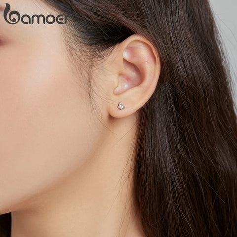 bamoer 925 Sterling Silver Cute Butterfly Stud Earrings, Handmade 5mm Dainty CZ Platinum Plated Hypoallergenic Earrings SCE1116