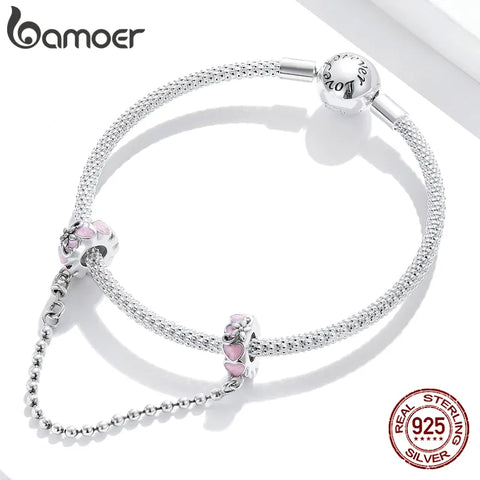 bamoer 100% 925 Sterling Silver Enamel Purple Glass Safety Chain Charm for Original Women Bracelet with Silicone Stopper SCC1799