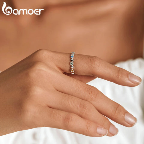 bamoer Silver Sparkling Rainbow Love Rings Heart Crystal 925 Sterling Silver Finger Rings for Women Fine Jewelry Wedding Gift