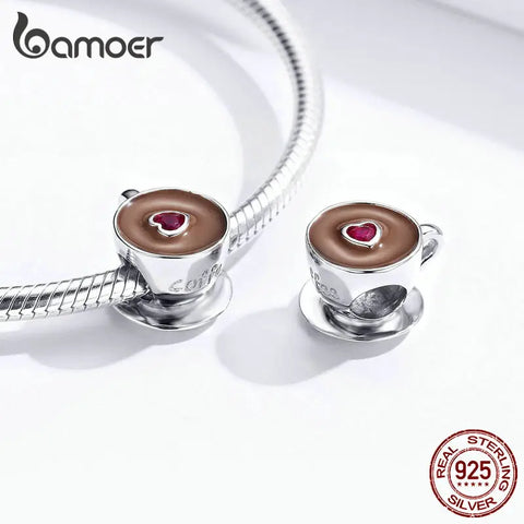 bamoer Coffee Cup Metal Beads for Women European Charm Bracelet 925 Sterling Silver Enamel Fashion Charms Jewelry SCC1286