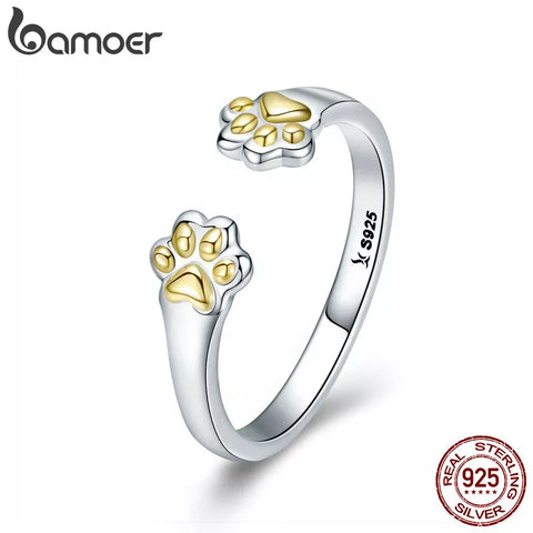 BAMOER Authentic 925 Sterling Silver Animal Footprints Open Size Adjustable Finger Rings for Women Party Wedding Jewelry SCR430