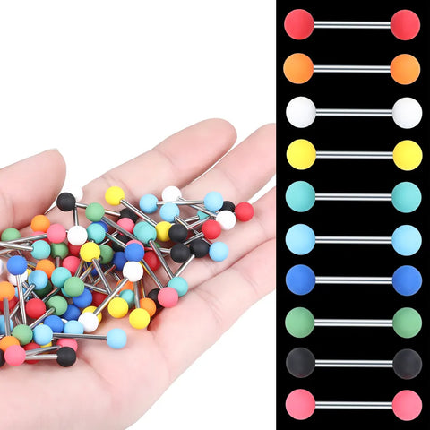 50Pcs/set Colorful Acrylic Ball Tongue Nipple Stud Bar Ring Stainless Steel Barbell Tongue Ring Piercing Body Jewelry 14G