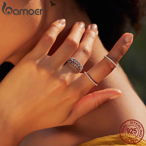 bamoer 925 Sterling Silver Rainbow Zircon Stackable Band Ring for Women Trendy Fashion Dazzling CZ Stone Anillos Jewelry Gift
