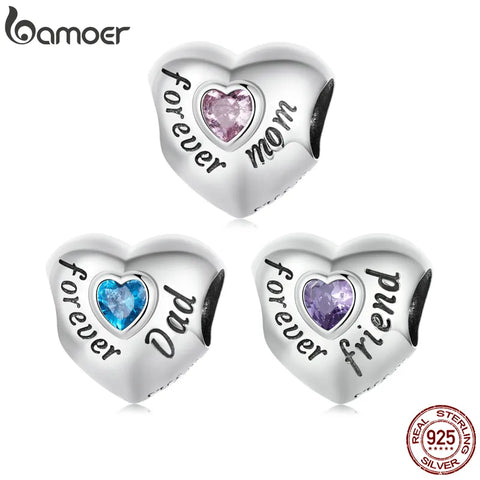Bamoer Genuine 925 Sterling Silver Love Family Charm Silver Heart-Shaped Beads Fit for Women Original Bracelet or Bangle Jewelry