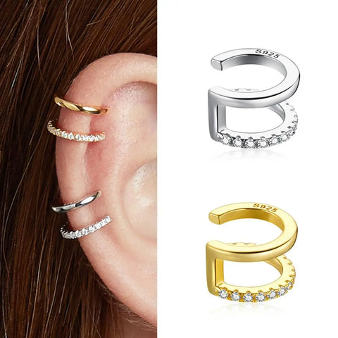 bamoer 925 Sterling Silver 14K Gold Plated Cubic Zirconia Sparkling Huggie Ear Cuff Gold Earrings for Women | Clip On Cartilage