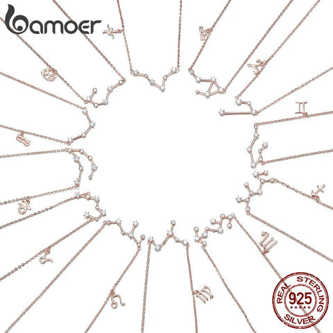 Bamoer 925 Sterling Silver Crystal Taurus Capricorn Scorpio Twelve Constellation Pendant Necklace for Women Birthday Jewelry