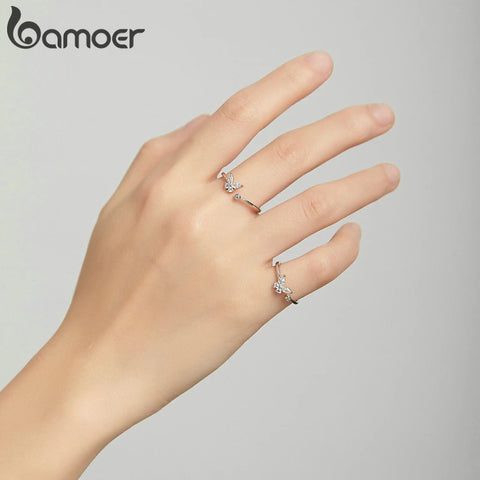 bamoer Silver Butterfly Tail Ring Open Ring Trendy Jewelry Dazzling Adjustable Ring Anillos for Girl Women Fine Jewelry BSR178
