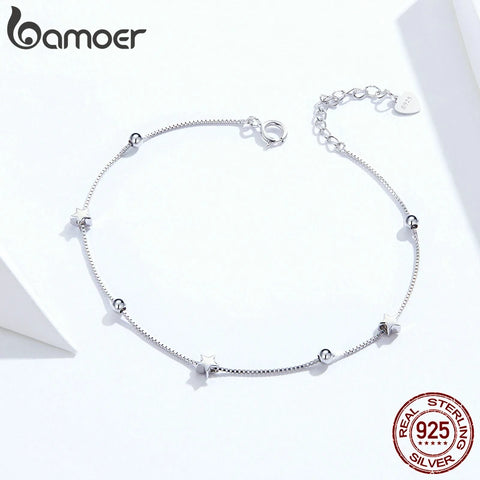 bamoer Genuine 925 Sterling Silver Heart and Star Beads Chain Bracelet Female Fashion Silver 925 Jewelry Accessories SCB171