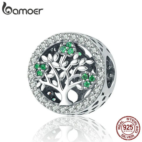 BAMOER Authentic 925 Sterling Silver Tree of Life Dazzling CZ Round Charms Beads Fit Women Bracelet Jewelry Accessories SCC919