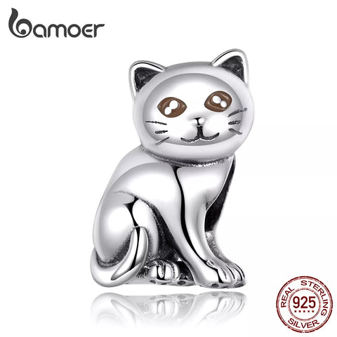 bamoer Cute Baby Cat Metal Beads Charm for Women European Luxury Bracelet 925 Sterling Silver Fashion Jewelry SCC1305