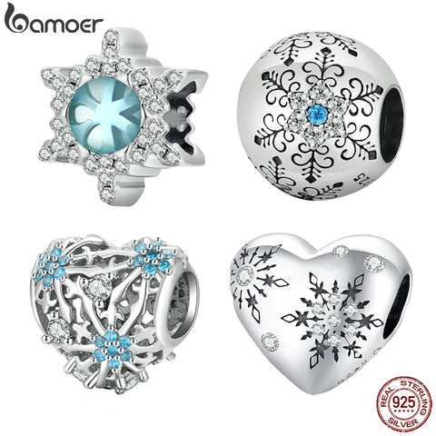 bamoer 925 Sterling Silver Moonstone Snowflake Bead Charm Snowflake Love Pendant for Original Bracelet Bangle Women Fine Jewelry