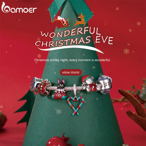 Bamoer 925 Sterling Silver Christmas Stockling Charms Candy Canes Love Pendant Fit for Women Bracelet & Bangle Christmas Gift
