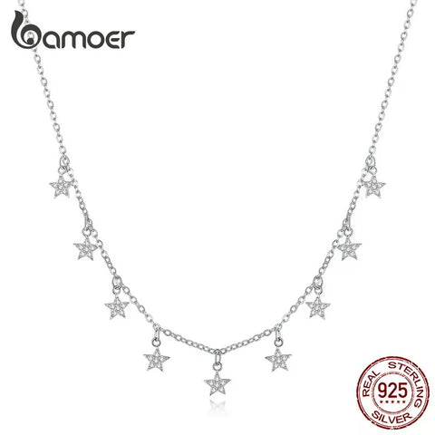 Bamoer 925 Sterling Silver Stackable Stars Choker Necklace Short Chain Necklace for Women Wedding Engagement Fine Jewelry BSN116