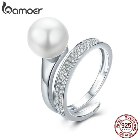 Bamoer 925 Sterling Silver Elegant Geometric Circle Finger Ring Shell Pearl Ring for Women Anniversary Engagement Jewelry SCR231