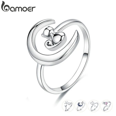 BAMOER Authentic 925 Sterling Silver Moon Cat Open Size Adjustable Finger Rings for Women Wedding Engagement Jewelry SCR451