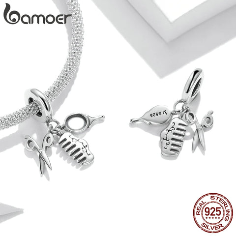 bamoer 925 Sterling Silver Scissors Comb Mirror Beauty Tools Cooking Utensils Set Fork Pan Charm Pendant for Bracelet SCC1887