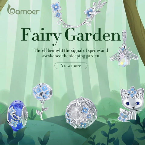 bamoer Hydrangeas 925 Sterling Silver Cat Elf Round Blue Flower Glass Bead Fairy Hope Pendant Charms Jewelry Making DIY BSC392