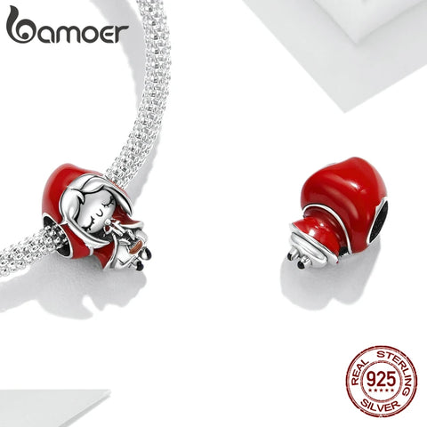bamoer 925 Sterling Silver Fairy Tale Charm Little Red Riding Hood Forest Love Candle House Wolf Charm for Original Bracelet DIY