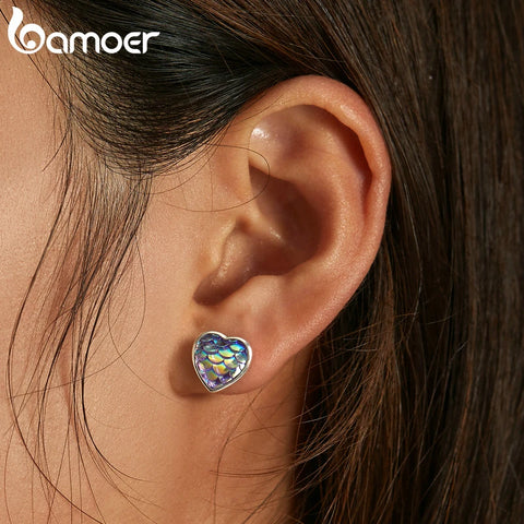 Bamoer New Trendy 925 Sterling Silver Fish Scale Heart Stud Earrings for Women Fish Scale Cat Ear Studs Fine Jewelry Party Gift