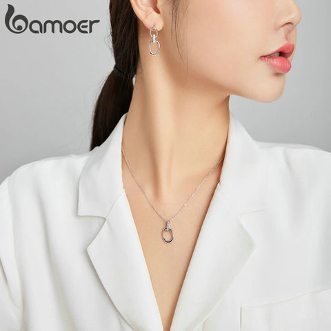bamoer Geometric Necklace Earring Buckles 925 Sterling Silver Double Button Simple CZ Jewelry  for Women Fine Jewelry SCE1016