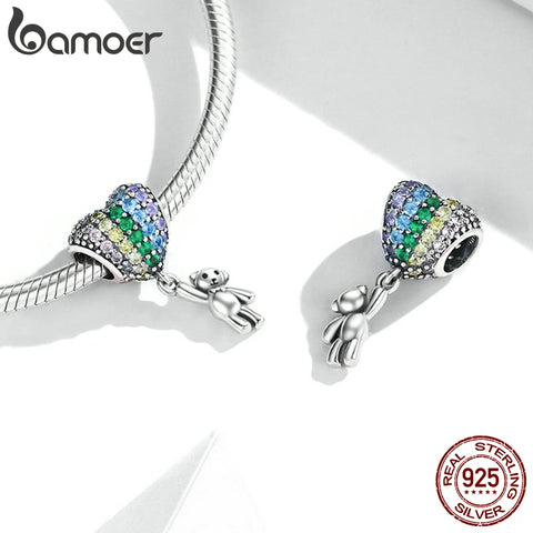 bamoer Luxury Silver Rainbow Heart Blue Crystal Balloon Bear Charm 925 Sterling Silver Pendant for Original Bracelet DIY Jewelry