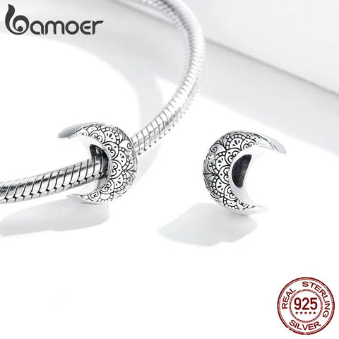 bamoer Genuine 925 Sterling Silver CZ silver Vine & Moon  Original Charm for Brand Female DIY Bracelet Jewelry make SCC1604