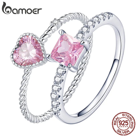 bamoer Real 925 Sterling Silver Pink Love CZ Ring For Fashion Women Cute Fine Jewelry Wedding Accessories Gift BSR157
