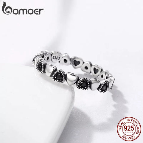 BAMOER Genuine 925 Sterling Silver Stackable Ring Heart Black CZ Finger Rings for Women Wedding Anniversary Jewelry Anel SCR140