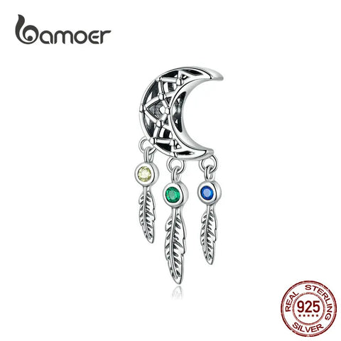 BAMOER 100% 925 Sterling Silver Openwork Moon and Star Goodnight Charm Beads fit Bracelet DIY Jewelry Valentine Day Gift SCC483
