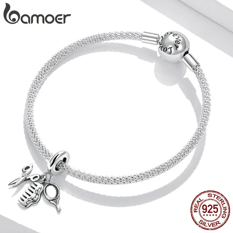 bamoer 925 Sterling Silver Scissors Comb Mirror Beauty Tools Cooking Utensils Set Fork Pan Charm Pendant for Bracelet SCC1887