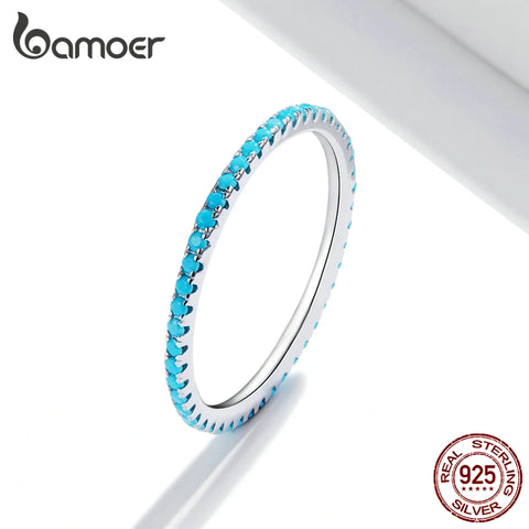 bamoer Genuine 925 Sterling Silver Simple Elves Plated Platinum Finger Ring for Women Blue CZ Stone Anillos Jewelry Party Gift