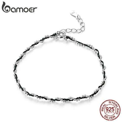 bamoer Black and Red Rope Bracelet with 925 Sterling Silver Beads Chain Bracelets for Women 2020 New Year Gift Friendship SCB173
