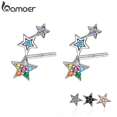 bamoer Rainbow Multiple Crystal Star Stud Earrings 925 Sterling Silver Earrings for Women Engagement Jewelry Five-pointed Star
