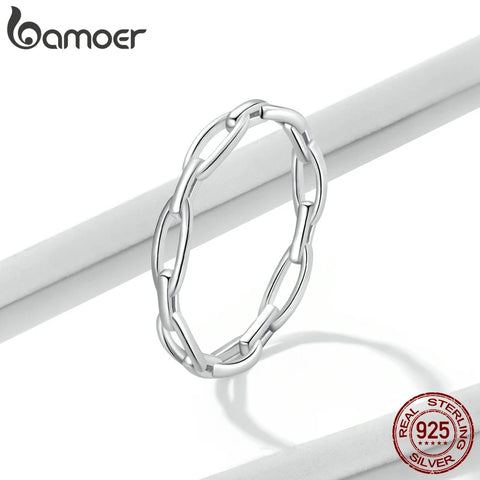 bamoer 925 Sterling Silver Bohemian Style Geometric Chain Ring for Women Simple Design Ring Statement Jewelry Party Gift